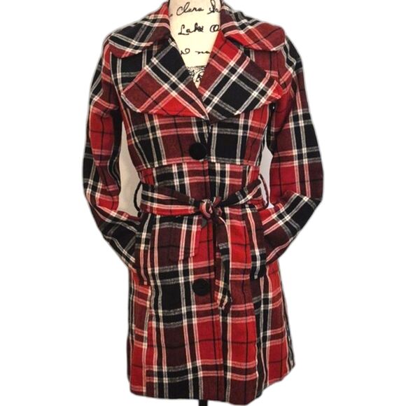 Vtg Y2K Wet Seal Plaid Peacoat S Wool Blend Belted Red Preppy Mall Goth Coat - Picture 1 of 10